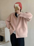 New Knitted Sweater Cardigan Female Simple Pocket Double Zipper Hooded Female Loose Solid Color Coat Female-Outfit