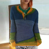 Autumn V Neck Long Sleeve Knitted Tops Casual Women Striped Sweaters Jumper Pull Femme Patchwork Pullover Knitwear
