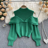 Fashion Off Shoulder Knit Pullover Stand Neck Korean Lantern Sleeve Design 2022 Autumn Retro Sweater Knitwear