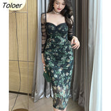 Autumn Women Evening Dress Mujer Floral See Through Low Cut Bodycon Midi Dresses Party Gown Stretchy Robe Femme