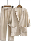 Linen Pants Set Two Piece Set Women Holiday Vintage Boho Maxi Shirt Spring Summer Loose Work Streetwear Y2k 2023 Outfits-Outfit