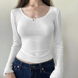 Y2K Lace Trim Patchwork Button Knitted Crop Top Cute Long Sleeve V Neck T-Shirt Korean Chic Harajuku Pullovers Autumn Winter-Outfit