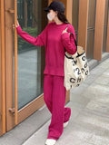 Fashion Knitted Two Piece Sets Solid Long Sleeve O-Neck Split Pullover And Straight Pants Suit Women Casual Loose