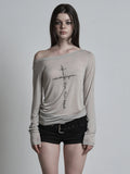 Cross Print Slant Shoulder Repair T-Shirt Woman 2025 Old Old Feeling New