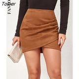 Autumn Velvet Pleated Mini Skirt Women Solid Slim High Waist Elegant Irregular Zipper Skirts Bodycon Sexy Short