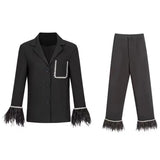Patchwork Feathers Two Piece Set Womens V Neck Long Sleeve Tops High Waist Wide Leg Pants Solid Sets Female