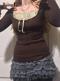 2022 Y2K Clothes Knitted Lace T Shirts Kawaii Square Neck Crop Top Bow Cute Retro Pullovers Harajuku Korean Tee