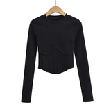y2k streetwear white crop tops women long sleeve tees sexy o neck cropped t shirt bright line black tops cute ribbed-Outfit