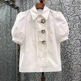 Casual Shirt For Women Lapel Puff Sleeve Patchwork Tassel Solid Button Through Blouse Female Clothes Style New