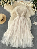 New Women's Suspender Dress Irregular Gauze Fluffy Skirt High Waist Slim Temperament V-neck Suspender Skirt Beach