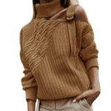 Off Shoulder Knitted Sweater Adjustable Buckle Twist Decor Long Sleeve One Turtleneck Pullover Sweater Female