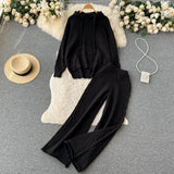 Women Drawstring Hooded Sweater Two Pieces Sets Irregular Loose Tops+Draped Wide Leg Trousers Winter OL Knit