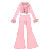 2025 Autumn And Winter New Women's Hottie Collar Splicing With Open Shirt Long Sleeve High-Waisted Thigh Horn Trousers