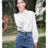 Women Shirts 2023 Spring Long Sleeve Petal Collar Loose Blouse 3D Lace Splicing Four Colors Elegant Chic