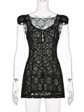 Women Lace Floral Short Mini Dress Vintage V-neck Buttons Up Slim Fit Summer Solid A-Line Dress Y2K Vestidos Clubwear-Outfit
