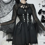 Dark Style Short-Style Perspective Blouse Women's Lace Spliced Tie-Up Burnt Cuff Blouse From Stock-Outfit
