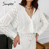 Lace hook flower V-neck pearl button knitted cardigan coat Casual sweater cardigan Elegant autumn ladies sweater