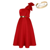 Large-Size Women's Summer New Fashion Slanted Shoulder Bow Banquet Dress African