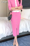 Women Autumn Pink/Black Colorblock O-Neck Single Pearl Breasted Knit Cardigan +Elastic Split Long Skirt Set Elegant 2 Piece