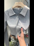 Design Sense Niche Double Zipper Polo Collar Jacket Women's Early Autumn New Threaded Short Top Knitted Cardigan-Outfit