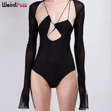 Puss Women Sexy Mesh Patchwork Bodysuits Hollow Out Skinny Lace Long Sleeve Chic Spring Fashion Party Stretchy