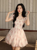 Sweet Fairy Bodycon Dresses for Women Elegant Party Print French Female Korean Fashion Cute Mini Dress Summer 2023