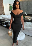 Vintage Off-the-shoulder Short Sleeves Solid Ruched Slit Pencil Midi