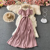 Summer Vintage Green/Beige/Purple Spaghetti Strap Pleated Long Dress Women Casual Off Shoulder Beach Party Vestidos 2021