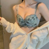 Romantic Lavender Lace Embroidery Underwear Women Sexy Push Up Bra Set Comfortable Wireless Thicken B Cup