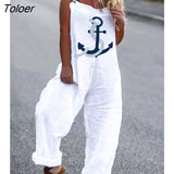 Summer Jumpsuits Fashion Anchor Print Suspender Jumpsuit Casual Sexy Sleeveless Romper Elegant