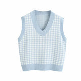 Houndstooth Knitted Vest Autumn Casual V-Neck Sleeveless Sweater Tops Winter Fashion Female Waistcoat Pullover Jumper