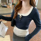 Lace Lace Long-Sleeved T-Shirt Women's Early Spring New Style Slim And Slim Fake Two Inner Jackets-Outfit