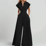 Women's Loose Fashion Elegant Short-Sleeved V-Neck Solid-Colored Broad-Legged Jump-Legged