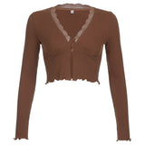 Lace Patchwork Crop Top Women T Shirts Knitted Slim Tee Tops Button Cardigan Blue Cute Tshirt Autumn Long Sleeve