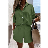 Celmia Loose Summer 2 PCS Sets Cotton Casual Lightweight Lapel Long Sleeve Shirt and Pleats Elastic Waist Short Suits Short