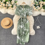 Casual Women Lace Patchwork Printed Bodycon Dress Ladies Office Elegant V-Neck Short Sleeve High Waist Vestidos With Sashes