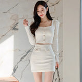Spring Fashion 2 Pieces Set Elegant Square Collar White Short Top + Bodycon Pencil Mini Skirt Korean Office OL Suit