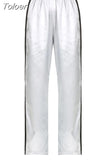 Y2k Silver Sweatpants Women Korean Streetwear Loose Vintage Side Stripe Elastic Waist Track Pants Summer Casual