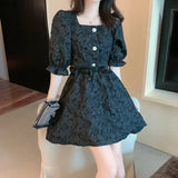 Summer Two-piece Sets Elegant Sweet Jacquard Square Collar Puff Sleeve Button Chic Top + A-line Mini Skirt