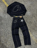 Devil Island Denim Suit High Street Western Denim Jacket Baggy Jeans Trend Card-Outfit