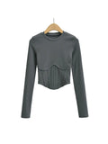 y2k streetwear white crop tops women long sleeve tees sexy o neck cropped t shirt bright line black tops cute ribbed-Outfit