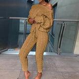 Winter Women Knitted Tracksuit Two Piece Set Women Sweater Tops + Elastic Waist Pant Knitted Suit Women Two Piece