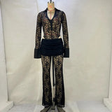 Toloer Sexy Lace Stitching Deep V Long Sleeve Top Slim See-Through High Waist Bell Bottoms Women's Suit-Outfit