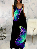 New Ladies Digital Print Butterfly Sexy V-Neck Dress Suspension Dress Women's