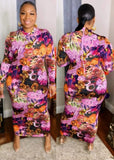 Plus Size Print High Neck Long Sleeve Long