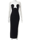 Women Elegant Low Cut Dress 2023 Black Solid Sleeveless Satrpless Off Shoulder Push Up High Split Long Vestidos Party-Outfit