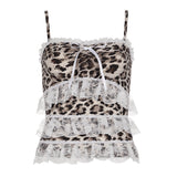 Girls Retro Leopard Print Color Lace Bow Splicing With Small Suspenders To Show Slim, Sexy Vest-Outfit