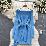 Off Shoulder Sexy Knitted Dress Long Sleeve Lace Up Midi Warm Dress Autumn Women Slash Party Sweater