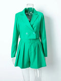 Ladies Elegant Blazer And Pleated Shorts Fashion Two Piece Set Notched Collar Green Chic 2 Pieces Suit shorts