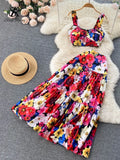 Vacation Floral Print Women Set Summer Zipper Pleated Temperament Elegant Slim Long Skirt Fashion Two Piece